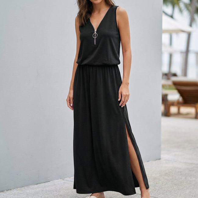 Black FJØRNA relaxed fit sleeveless V-neck maxi dress for women, flowing fabric and elegant design perfect for casual or dressy occasions.