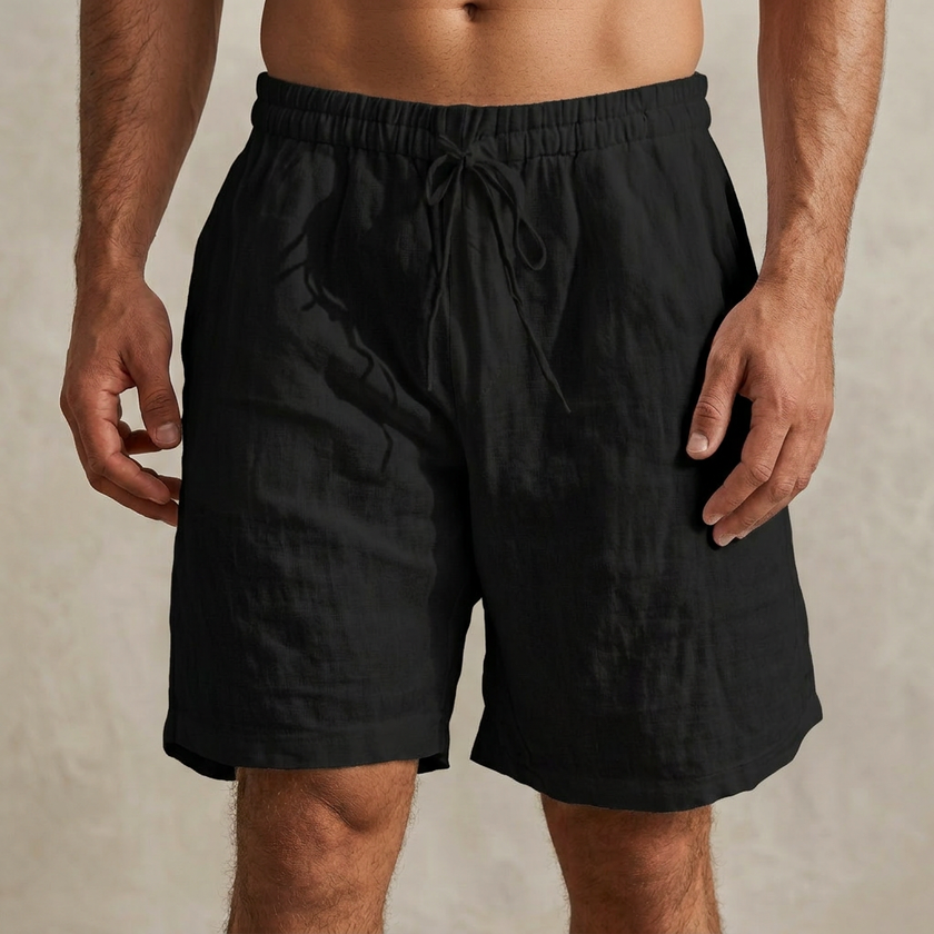 Men's black casual drawstring shorts with side pockets, made by FJØRNA, featuring a comfortable fit and relaxed style.
