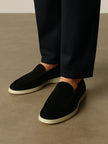 Men's black suede calfskin moccasins by FJØRNA, stylish men's shoes with a sleek loafers design and soft suede finish.