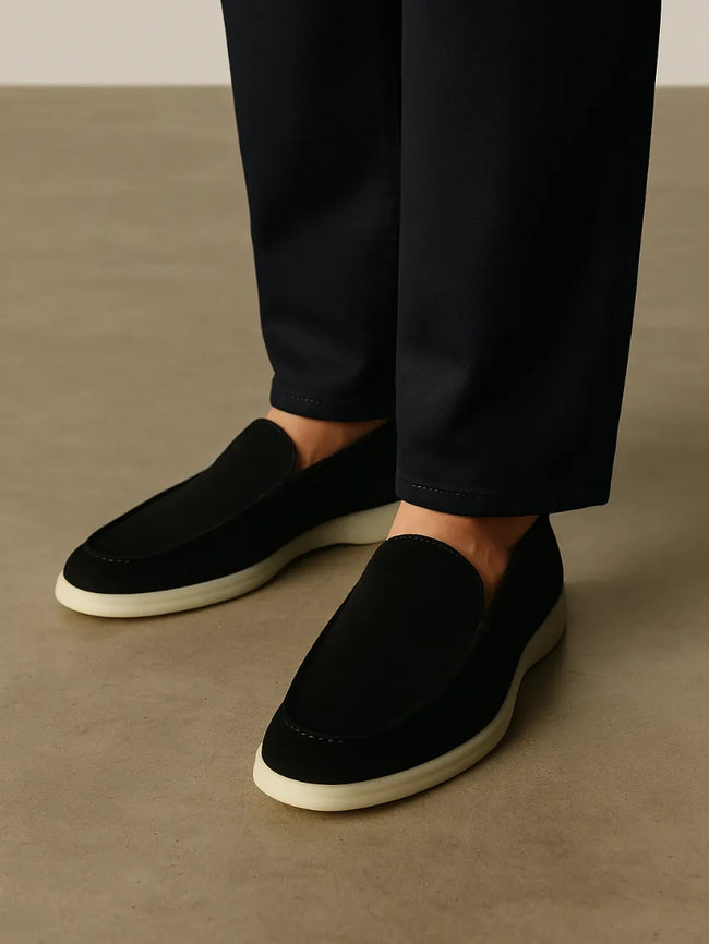 Men's black suede calfskin moccasins by FJØRNA, stylish men's shoes with a sleek loafers design and soft suede finish.