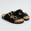 Black FJØRNA orthopedic women's sandals with adjustable denim straps and cushioned soles, designed for comfort and support.