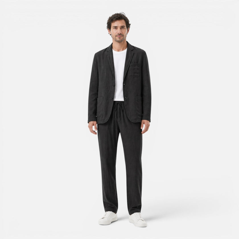 Men's lightweight linen suit set by FJØRNA, includes blazer and trousers, breathable summer classic fit for men.
