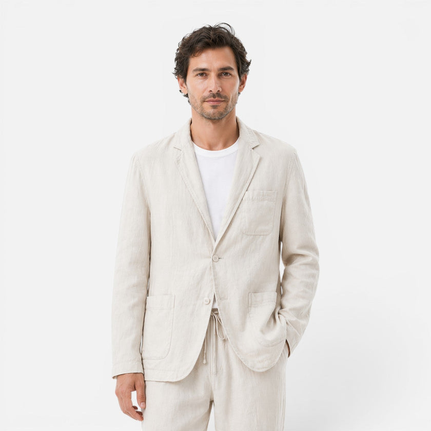 FJØRNA men's linen suit set with blazer and trousers, lightweight and breathable for summer, classic fit for casual or formal wear.