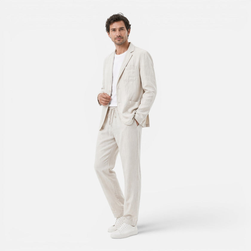 Men's lightweight linen suit set by FJØRNA featuring blazer and trousers, breathable summer classic fit for men.