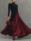 Blue velvet and burgundy satin color block long women's maxi dress by FJØRNA, featuring elegant fabric and flowing silhouette.