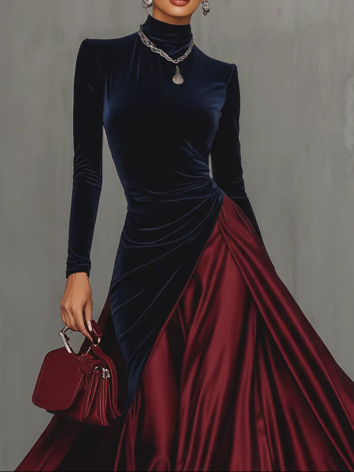 FJØRNA women's maxi dress with blue velvet and burgundy satin color block design, featuring a long, elegant silhouette.