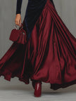 FJØRNA women's long color block dress with blue velvet and burgundy satin, featuring a flowing maxi design.