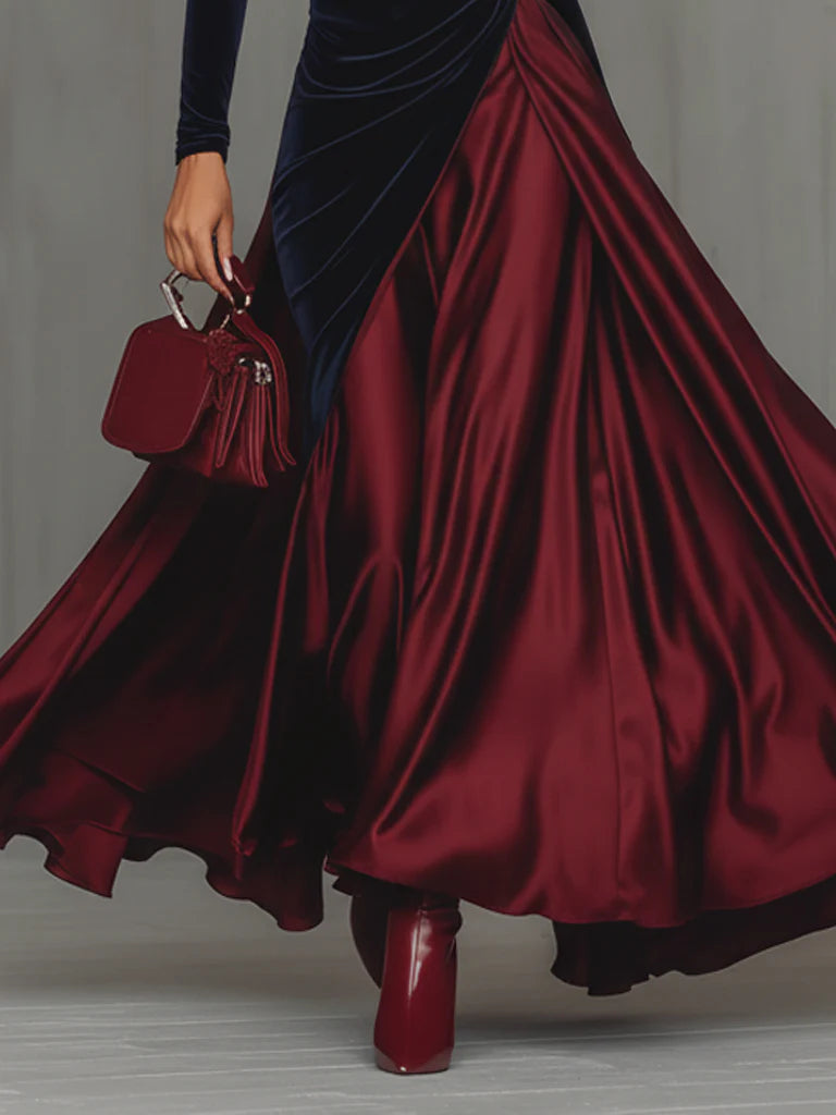 FJØRNA women's long color block dress with blue velvet and burgundy satin, featuring a flowing maxi design.