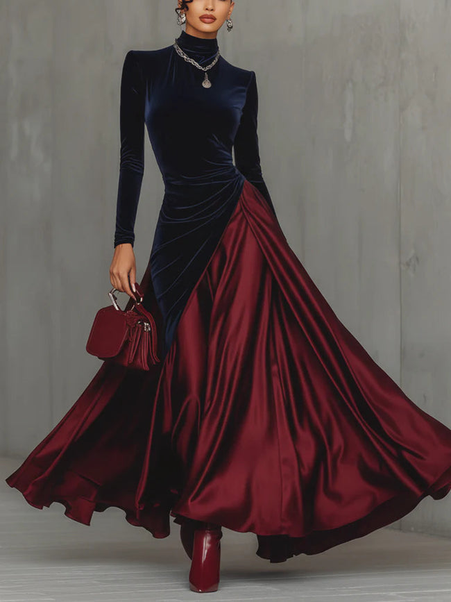 Blue velvet and burgundy satin color block long women's maxi dress by FJØRNA, featuring elegant fabric and flowing silhouette.