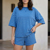 FJØRNA relaxed striped lounge set with oversized top and shorts in blue, casual and comfortable 2-piece sleepwear ensemble.
