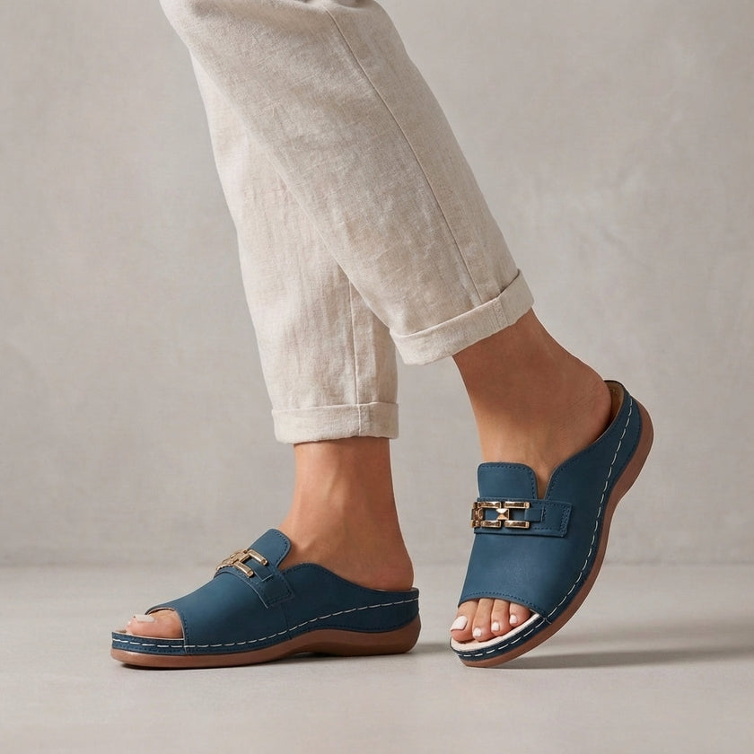 Blue FJØRNA orthopedic peep-toe chain link wedge sandals for women, featuring a stylish open toe and strap design.