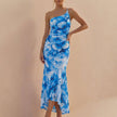 Blue FJØRNA fitted one-shoulder maxi dress with mesh overlay and ruched detail, showcasing elegant evening wear.
