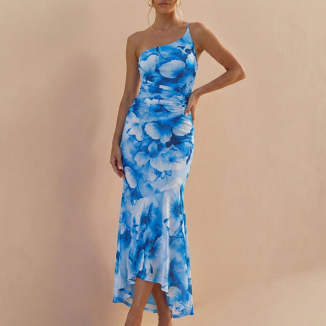 Blue one-shoulder FJØRNA elegant maxi dress for women, bodycon fit, stylish evening or formal wear.