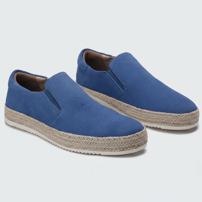 Blue men's suede loafer moccasins by FJØRNA, stylish slippers for elegant occasions with a sleek design and comfortable fit.