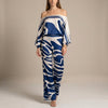 Blue FJØRNA women's two-piece print wide-leg co-ord set featuring a stylish top and matching wide-leg pants.
