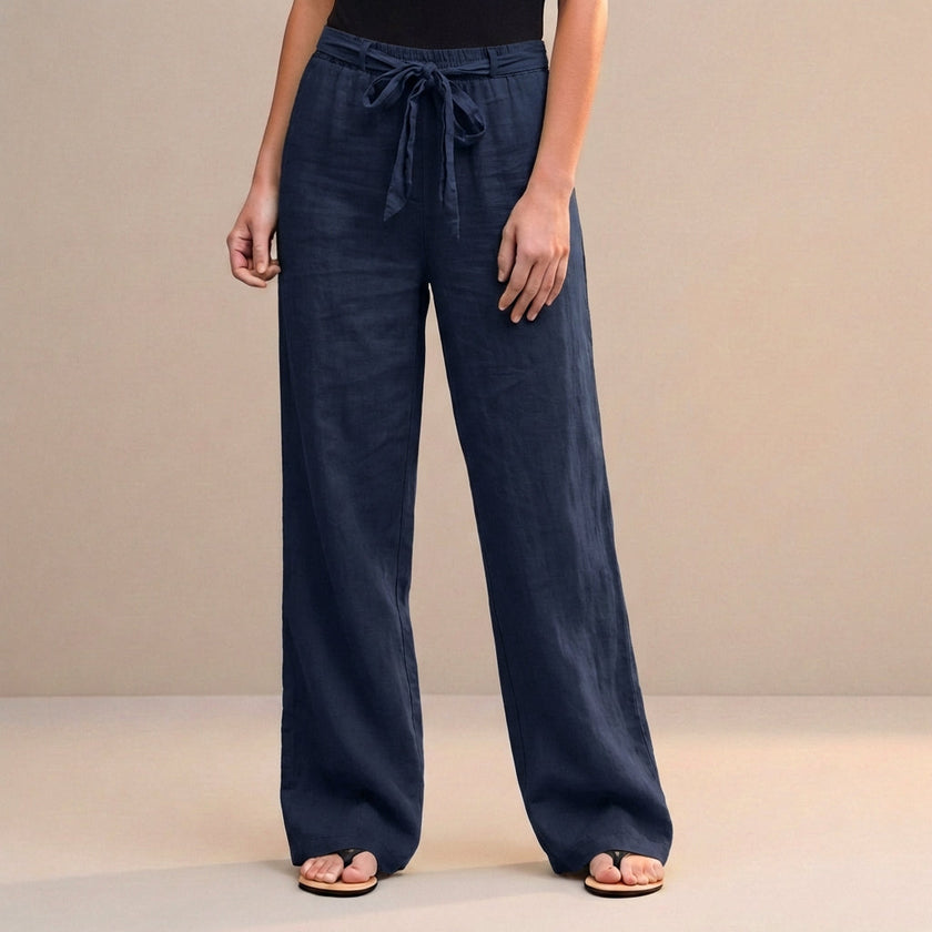 Blue high waist summer trousers for women by FJØRNA, made of cotton, stylish and comfortable for warm weather.