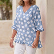 Blue FJØRNA women's mini dress with v-neck and ruffle details, stylish and elegant for casual or dressy occasions.
