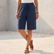 Blue women's summer shorts by FJØRNA, cotton drawstring casual shorts for warm weather.