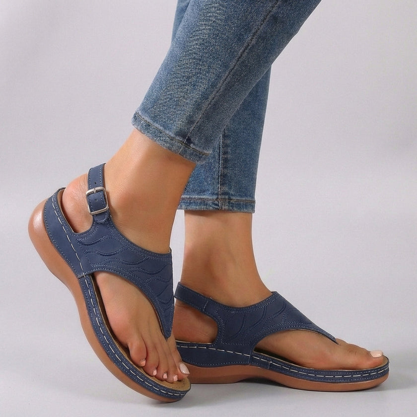 Blue FJØRNA orthopedic embroidered wedge heel sandals with ankle strap and open toe, stylish and comfortable for casual wear.