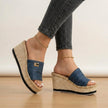 Blue women's orthopedic espadrilles with wedge heel and adjustable strap by FJØRNA, showcasing a stylish and supportive footwear design.
