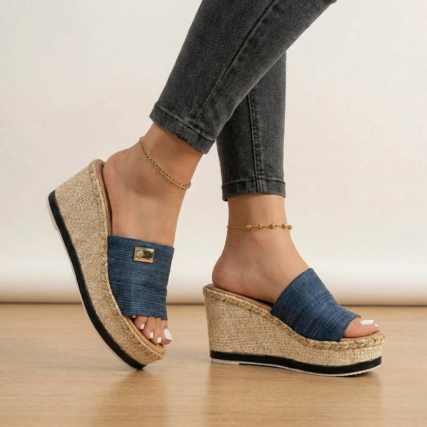 Blue women's orthopedic espadrilles with wedge heel and adjustable strap by FJØRNA, showcasing a stylish and supportive footwear design.