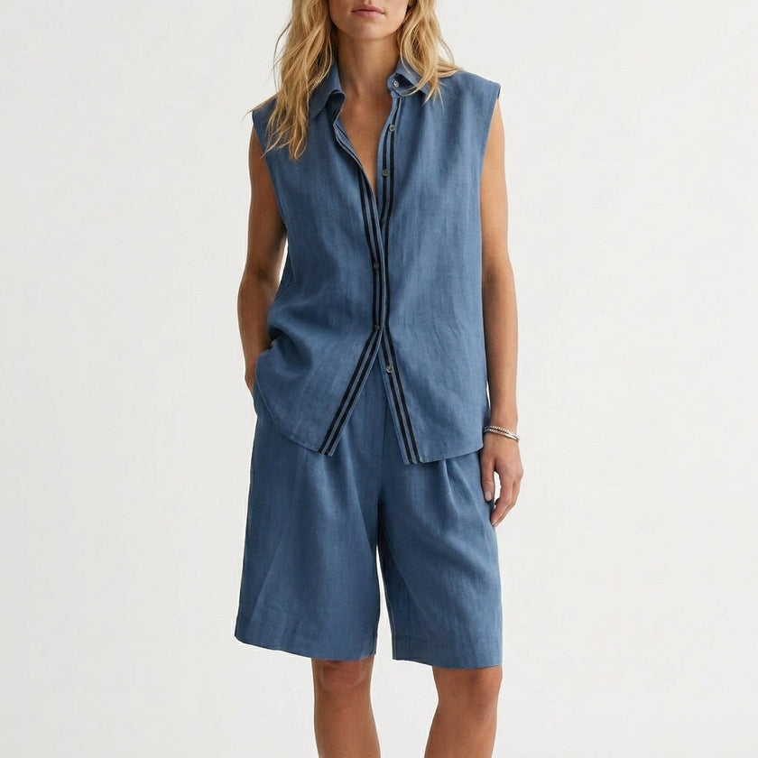 Blue FJØRNA sleeveless button-up shirt and wide-leg pleated shorts set, casual 2-piece summer outfit with relaxed fit.