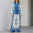 FJØRNA botanical zip-front top and wide-leg pants 2-piece set in blue, featuring floral patterns and comfortable fit.