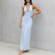 Blue FJØRNA bodycon halter neck maxi dress for women, fitted style with a sleek halter neckline and flowing length.