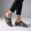Blue FJØRNA orthopedic open toe wedge sandals with T-strap and rhinestones, showing the stylish design and supportive sole.