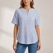 Blue striped summer blouse for women by FJØRNA, short sleeve top with a relaxed fit and casual style.
