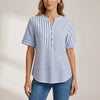 Blue striped summer blouse for women by FJØRNA, short sleeve top with a relaxed fit and casual style.