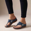 Blue FJØRNA orthopedic floral embroidered wedge sandals for women, featuring colorful flower embroidery and comfortable wedge heel.