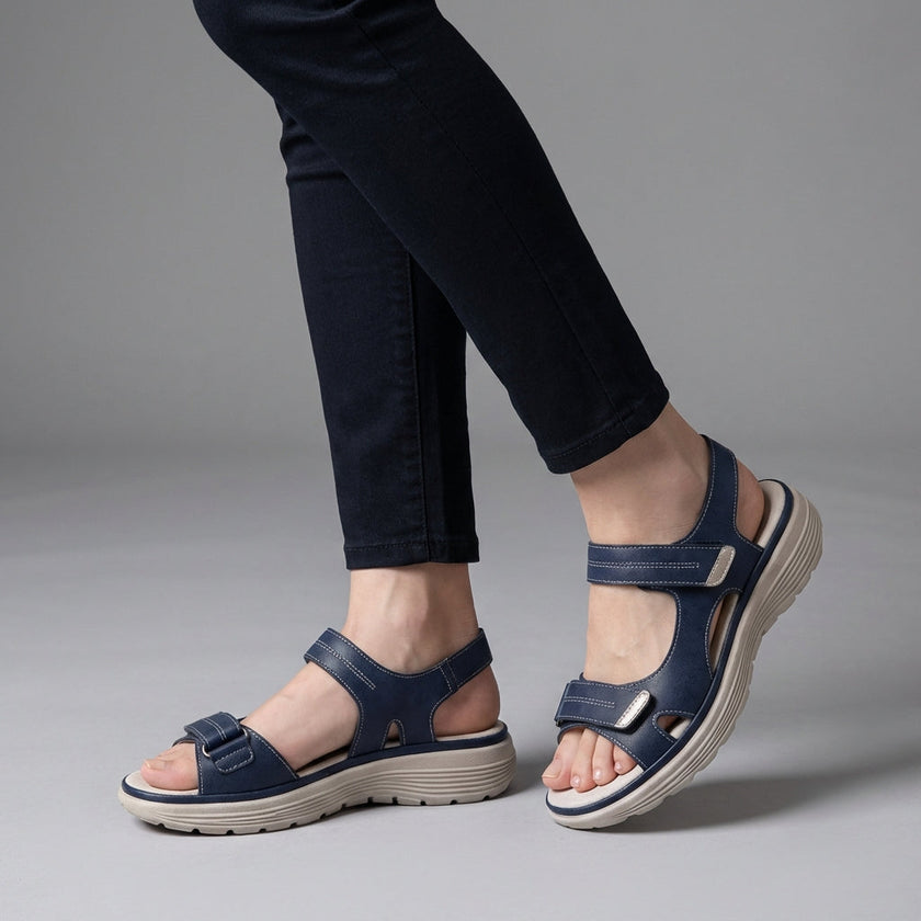 Blue FJØRNA orthopedic comfort fit sandals with chunky sole and adjustable straps, designed for support and casual wear.