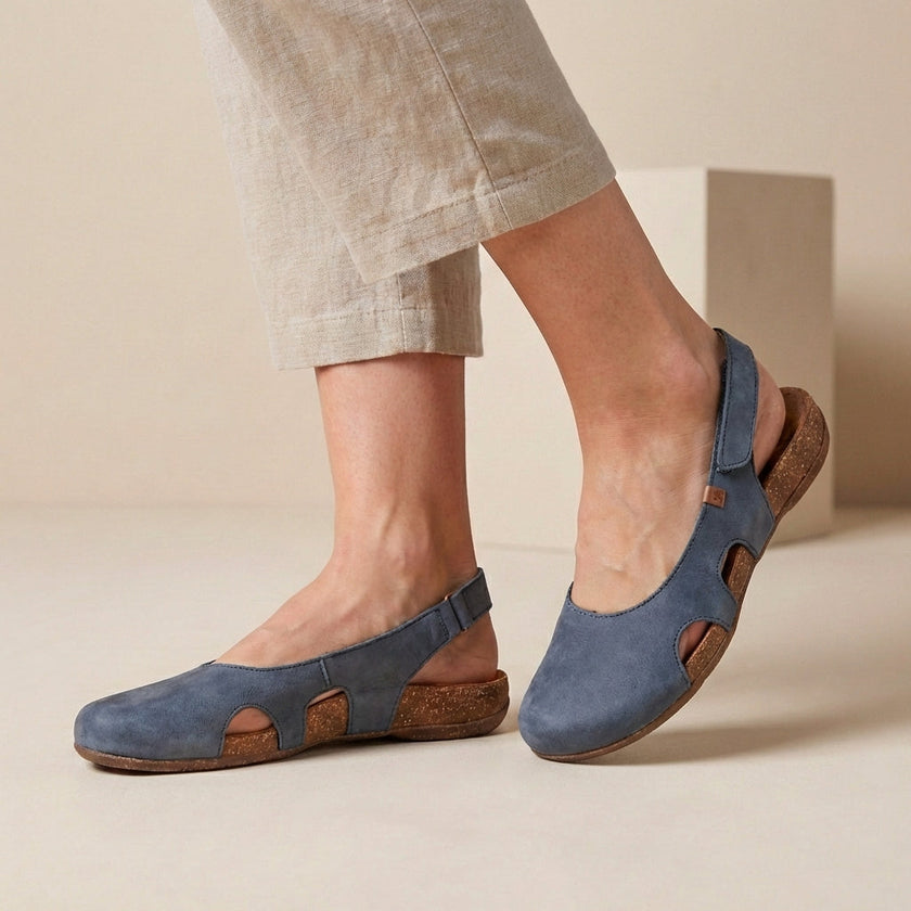 Blue FJØRNA orthopedic closed-toe slingback sandals for women, featuring supportive design and adjustable straps.