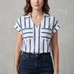 Blue striped FJØRNA women's summer blouse with V-neck, lightweight top for casual and warm-weather wear.