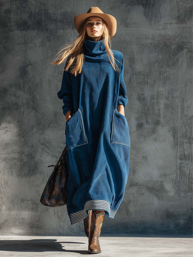 Blue corduroy midi dress by FJØRNA featuring a casual style, with a fitted bodice and relaxed skirt, showcased on a mannequin.