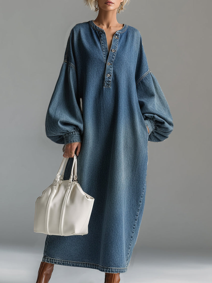 Blue denim maxi dress by FJØRNA, flowing evening dress with long length, fitted bodice, and casual-chic style for stylish occasions.