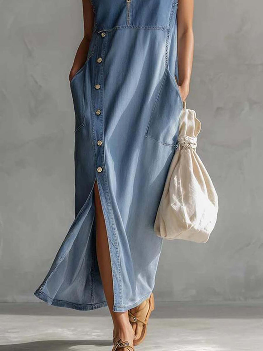 Blue Denim V-Neck Midi Dress | Casual Dress