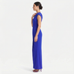 Blue women's one-shoulder maxi evening dress by FJØRNA, showing side profile with asymmetric neckline and flowing silhouette.