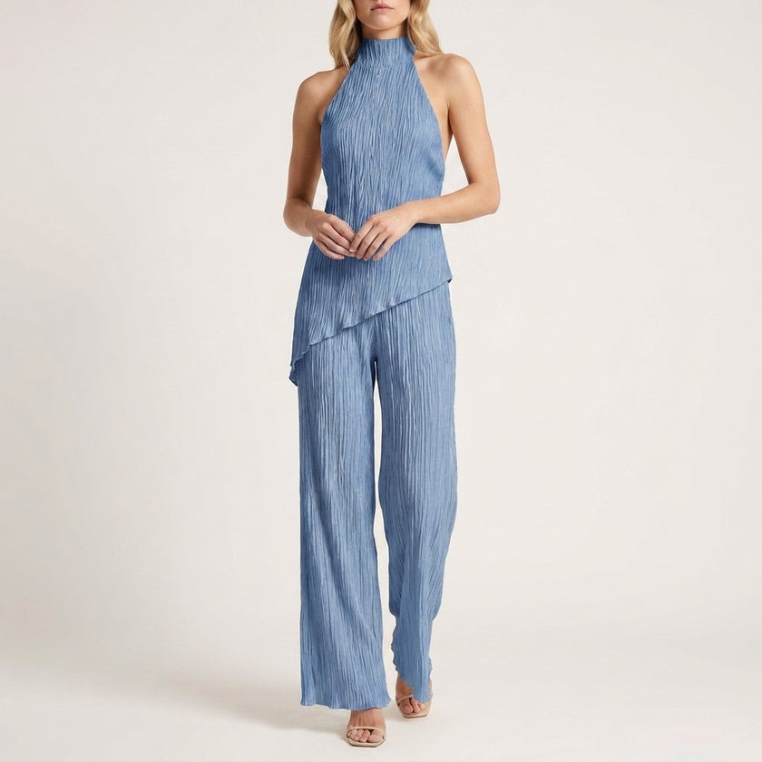 Blue FJØRNA Celeste pleated halter top and wide-leg pant 2-piece set, stylish and comfortable summer outfit.