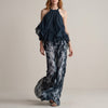 FJØRNA Midnight Mist halter blouse and flowing pant set in blue, stylish 2-piece ensemble with elegant, relaxed fit.