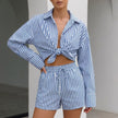 Blue FJØRNA summer two-piece women's co-ord set with striped design and drawstring details, casual and stylish for warm weather.
