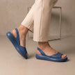 Blue women's orthopedic wedge sandals by FJØRNA with adjustable straps and cushioned soles for comfortable support.