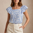 FJØRNA summer floral blouse for women with square neckline in blue, featuring a lightweight, stylish top for warm weather.