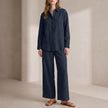 Blue women's summer two-piece co-ord set with wide-leg pants by FJØRNA, casual and stylish for warm weather.