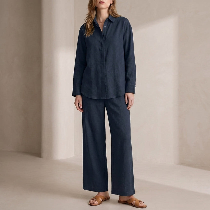 Blue women's summer two-piece co-ord set with wide-leg pants by FJØRNA, casual and stylish for warm weather.
