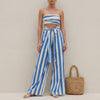 Blue FJØRNA ruched strapless bandeau two-piece wide-leg pantsuit with self-tie waist, stylish and comfortable for summer wear.