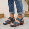 Blue FJØRNA orthopedic platform heel sandals with open toe and cut-out design, featuring a sturdy block heel and adjustable straps.