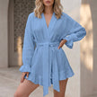 FJØRNA airy white kimono two-piece set with flowing ruffle shorts, lightweight and stylish for casual wear.