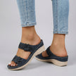 Blue FJØRNA women's orthopedic heeled wedge sandals with adjustable straps, stylish and supportive footwear for women.